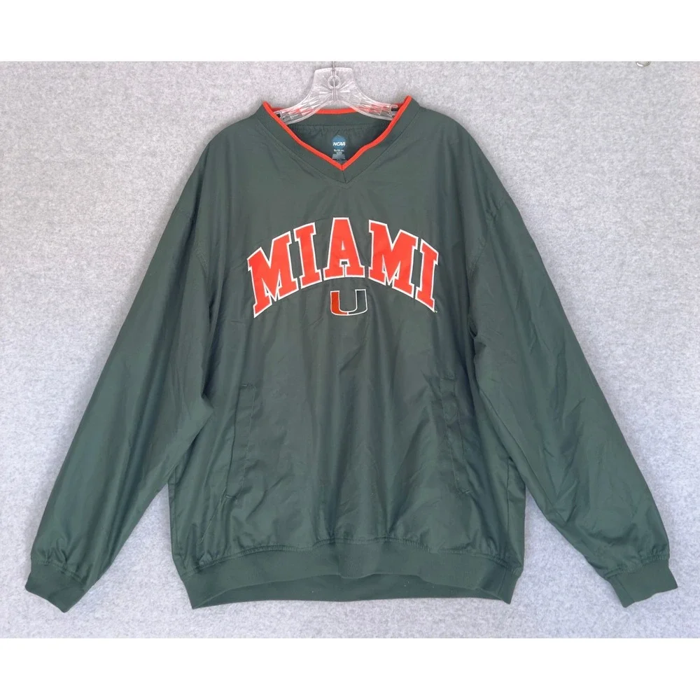 NCAA Miami Hurricanes Windbreaker Mens Large Green V-Neck Pullover Embroidered